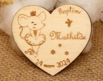 Baptism guest gift - Wooden princess mouse - Baptism magnet - Personalized magnet - ballerina mouse magnet glitter version