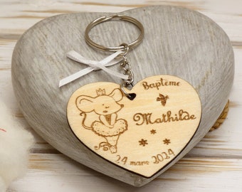 Baptism guest key ring - Wooden mouse - baptism key ring - personalized key ring - ballerina mouse key ring