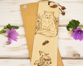 Personalized bookmark - Fox bookmark - Wood and mushroom bookmark. Wooden bookmark first name