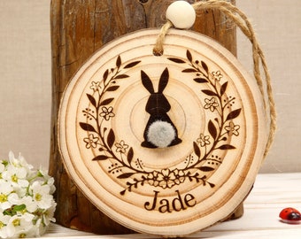 Children's room wall decoration, Birth gift - Wooden log rabbit first name - personalized Easter bunny - small wooden gift