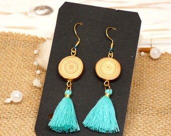 Wooden earrings, spruce wood log earrings and turquoise cotton fringed pompom charm - boho chic jewelry