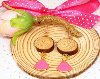 Dangling earrings - wooden earring, log earring - pink sequin charm - exclusive model