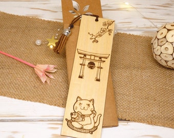 Personalized bookmark - Asian temple wood bookmark, Chinese cat - cherry blossom sakura - Chinese new year