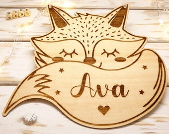 Baby room decoration - Personalized fox - wooden birth gift with first name - Wooden fox wall decoration - Door plaque