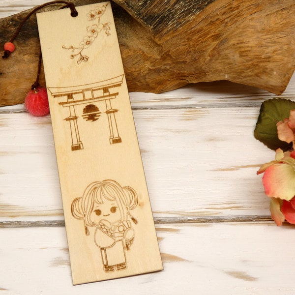 Marque page japonaise - marque page bois personnalisé - Signet asiatique - temple japonais - cerisier en fleurs sakura