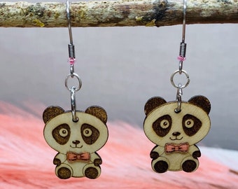 Panda earrings, Wood earrings