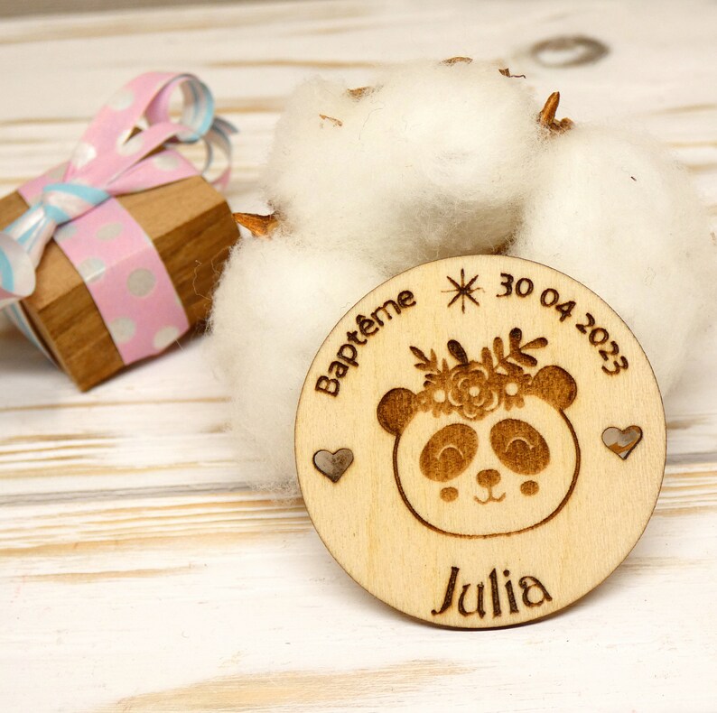 Wooden baptism guest gift Baptism magnet Personalized magnet Special baptism wooden panda magnet image 3