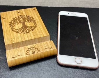 Personalized bamboo phone holder - Tree of life smartphone holder, yin yang, taijitu - Wooden phone holder - Phone accessory