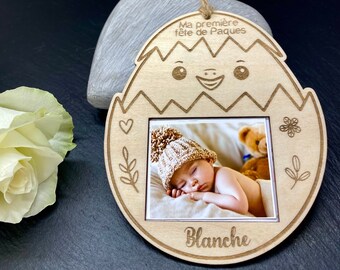 Personalized Easter egg-Easter chick with photo-my first Easter party with first name photo-Wooden Easter decoration