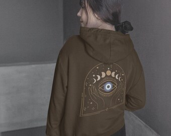 Felpa con cappuccio dell'occhio diabolico dell'occhio che tutto vede Abbigliamento Witchcore Felpa con cappuccio celeste strega marrone Felpa con cappuccio dei tarocchi delle fasi lunari Sole e luna Occhio malvagio mistico
