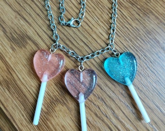 Triple Heart Lollipop Charm Necklace - Bi Pride Colors