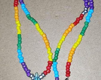 Beaded Rainbow Seed Bead Necklace with Blue Gem Bead