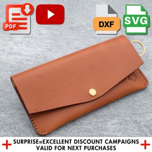 Patrón de billetera de cuero alargada Snap, diseño delgado y elegante, plantilla de billetera DIY, artesanía en cuero, PDF de trabajo en cuero