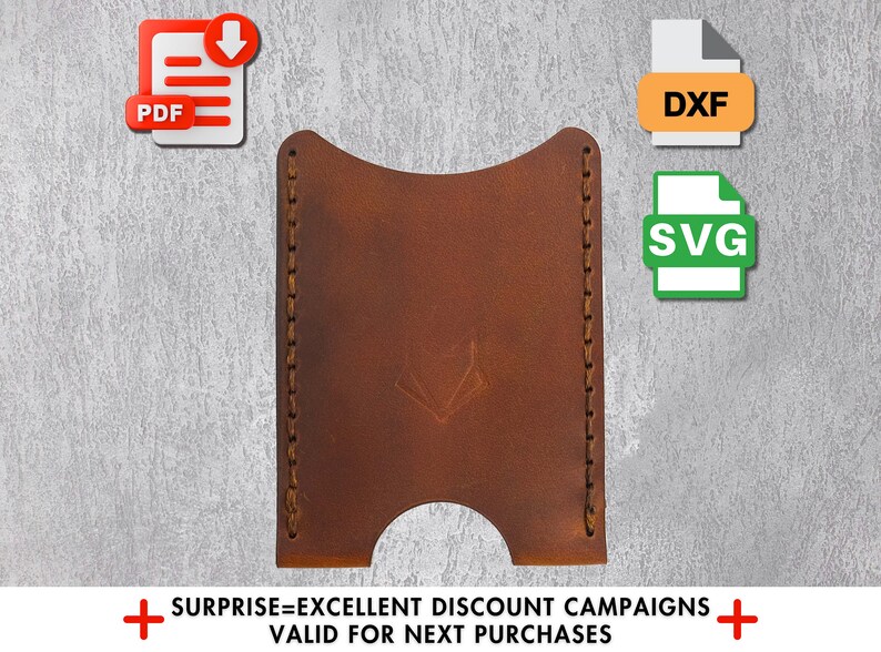 May include: Brown leather card holder with a stitched edge and a small V-shaped design. Downloadable files are available in PDF, DXF, and SVG formats.