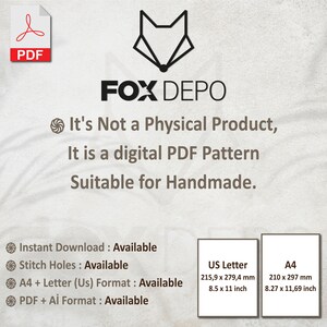 May include: A digital PDF pattern for handmade projects. It's available in US Letter (8.5 x 11 inches) and A4 (8.27 x 11.69 inches) sizes. The pattern includes stitch holes and is available in PDF and AI formats.