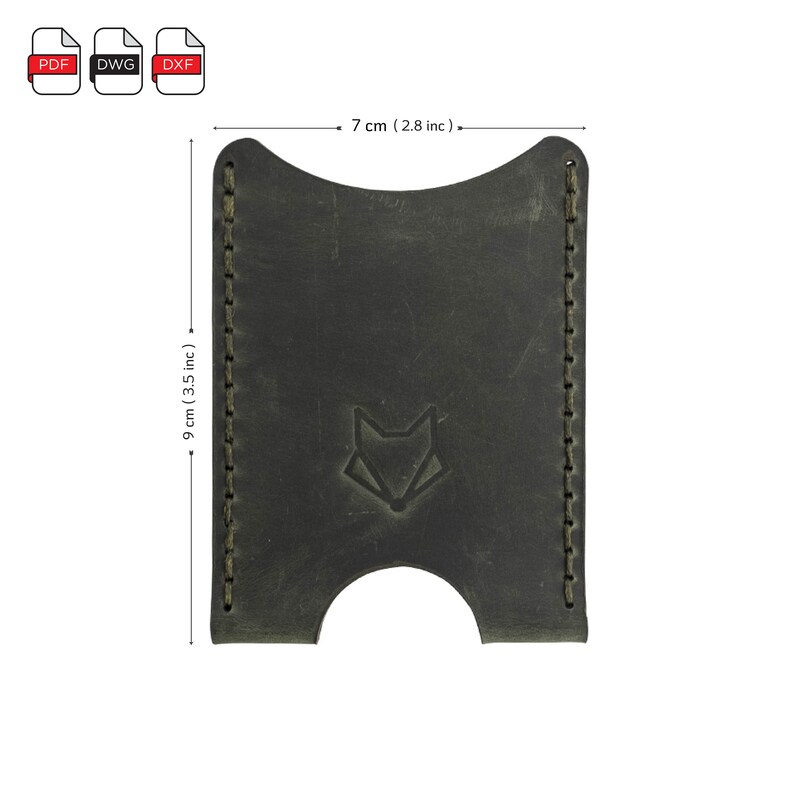 May include: A dark green leather card holder with a fox logo and stitched edges. The card holder measures 7 inches wide and 9 inches tall.