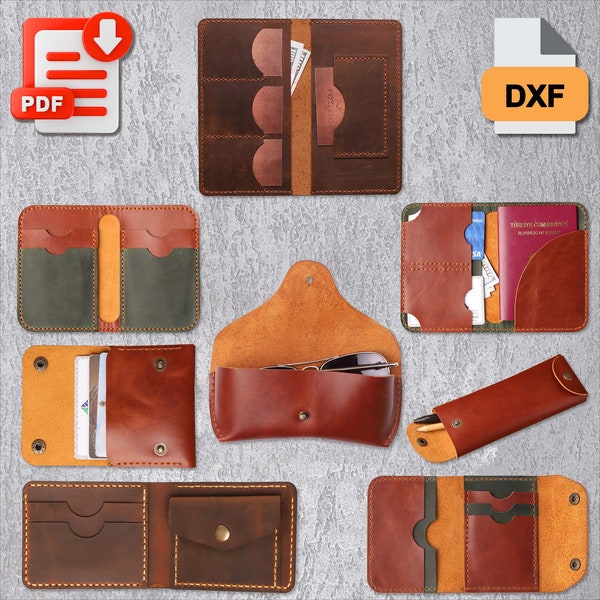 Set of 8 Leather Wallet Patterns, wallet template pdf, leather template pdf, card holder pattern, card holder template,  leather bundle pdf