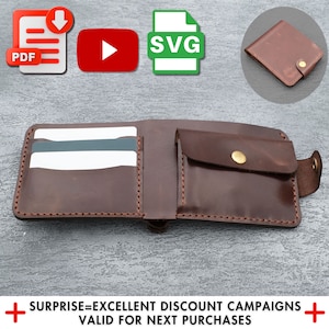 Padrão de carteira de couro Svg, compartimento para moedas, modelo de carteira dobrável DIY em PDF, corte a laser Dxf, fácil de seguir, carteiras artesanais