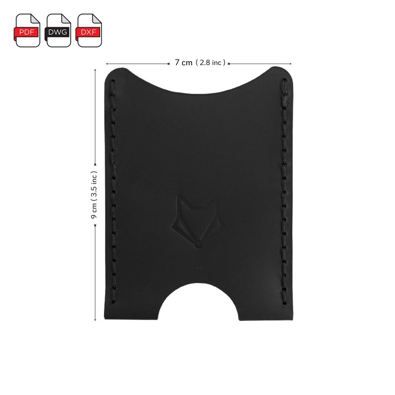 May include: Black leather card holder with a fox logo and stitched edges. The card holder measures 7 inches wide and 9 inches tall.