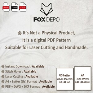 May include: Digital PDF pattern for laser cutting and handmade projects. Available in A4 and US Letter sizes. Includes PDF, DWG, and DXF formats. Instant download, stitch holes, and laser cutting options are available.