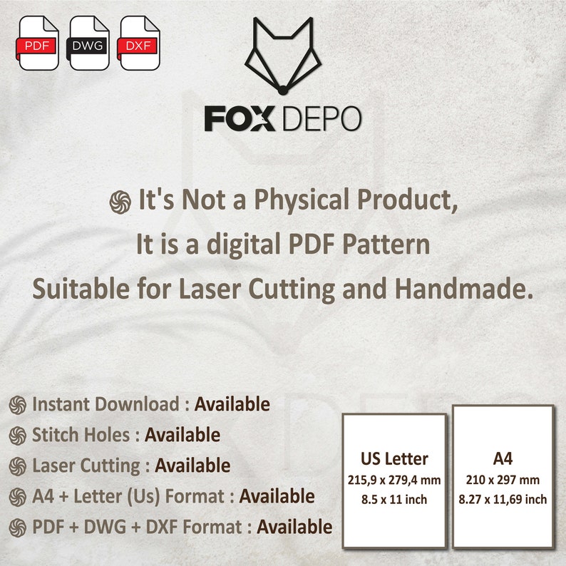May include: Digital PDF pattern for laser cutting and handmade projects. Available in A4 and US Letter sizes. Includes PDF, DWG, and DXF formats. Instant download, stitch holes, and laser cutting options are available.