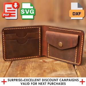 Padrão de carteira de couro faça você mesmo, molde de couro Dxf, carteira de moedas em PDF, corte a laser Svg, fácil de seguir, perfeito para carteiras artesanais