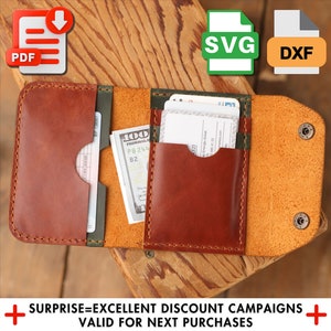 Padrão de carteira de couro Snap, corte a laser Svg, modelo de couro PDF, modelo de porta-cartões, carteira minimalista Dxf, padrão de carteira curta Pdf