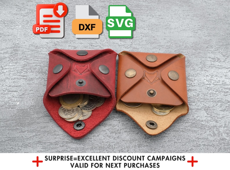 May include: Two leather coin purses, one red and one brown, with a fox design and snap closures. Each purse is open and filled with coins. The image includes icons for PDF, DXF, and SVG file formats.