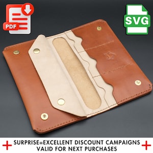 Padrão de carteira longa de couro com fecho de pressão, modelo faça você mesmo para criar uma carteira masculina elegante, durável e funcional, instruções passo a passo