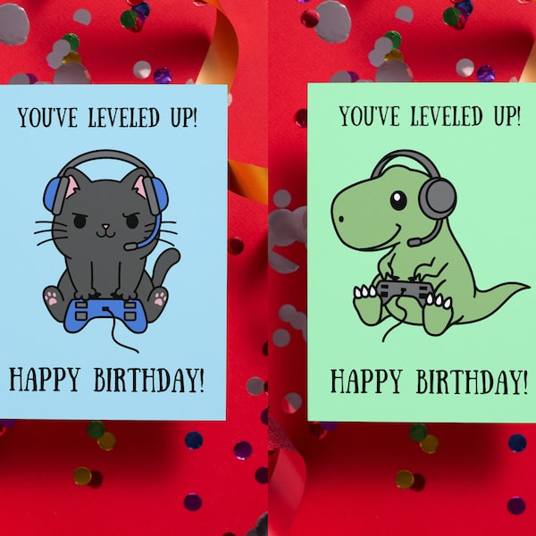 Cute Gamer Cat or Dinosaur Level Up Birthday Card for Gamers