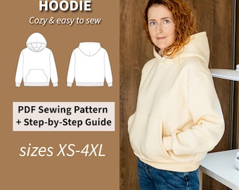 Hoodie PDF Sewing Pattern, 8 Sizes (XS-4XL) with Sewing Instructions and Video Tutorial