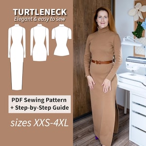 PDF Schnittmuster Rollkragen Kleid, 9 Größen (XXS-4XL) mit Anleitung