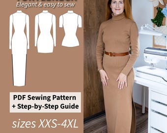 Turtleneck Dress PDF Sewing Pattern, 9 Sizes (XXS-4XL) with Instructions