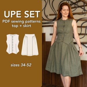 May include: An olive green sleeveless top and skirt set. The top has a button-up front and the skirt is pleated. The image also shows a diagram of the top and skirt, along with the text "UPE SET PDF sewing patterns top + skirt" and "sizes 34-52".