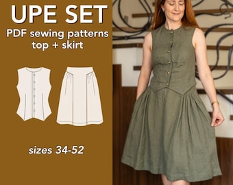 Top + Skirt PDF Sewing Pattern Set, 10 Sizes (34-52) with Instructions and Video tutorial