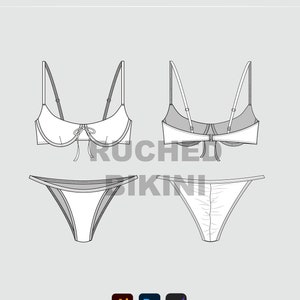 May include: A black and white line drawing of a bikini top and bottom. The top has a ruched detail and a bow in the front. The bottom has a ruched detail in the back. The text "RUCHED BIKINI" is written in the center of the image.