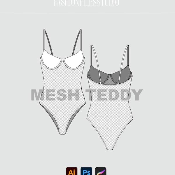 Mesh Teddy Fashion Flat Technical Sketch Illustration Mockup CAD Vector Fashion Design