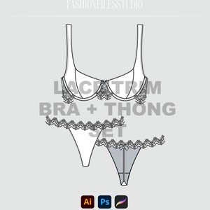 Spetsdetaljer BH + Thong Mode Teknisk Platt Skiss Illustration Mockup