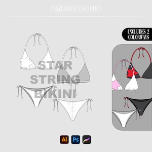 Conjunto de bikini de tiras de estrellas, parte superior e inferior, ilustración de moda, boceto plano técnico, diseño de moda vectorial CAD