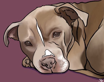 May include: A brown and white pit bull dog with brown eyes is lying down with its head resting on the ground. The dog is looking at the camera with a sad expression.
