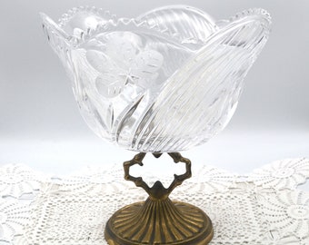 Vintage Crystal and Brass Compote Pedestal Bowl / Cut Crystal Compote Bowl