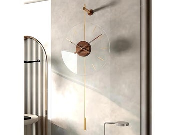 Gravity Walnut Diameter 40 Cm Gold Wall Clock, Modern Metal And Glass Design Wall Clock 40x90cm