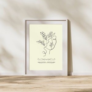 Woman and Flowers Line Art, Minimalist Art, Printable Digital Wall Art for Living Room/Bedroom, Flower in Hair
