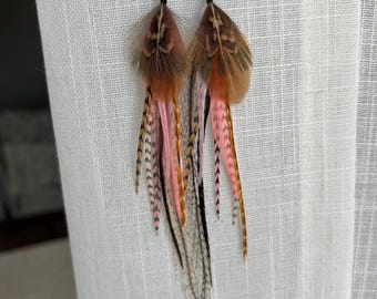 Handmade Feather Earrings | Pink & Neutral Feather Statement Earrings | Boho Western Jewelry | Lightweight Nature Inspired Earrings