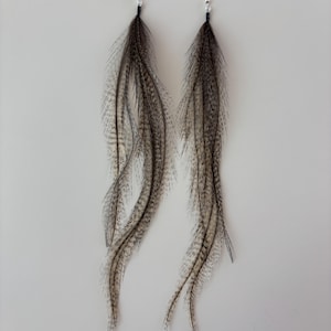 May include: A pair of long feather earrings. The earrings feature long, flowing feathers in shades of brown, gray, and white. The feathers are attached to silver-colored ear wires. The earrings are designed to dangle and sway.