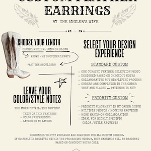 May include: Custom feather earrings are the focus of this image. The text provides options for length and design experience. The image includes a white cowboy boot with feather earrings, and instructions for color and style notes.