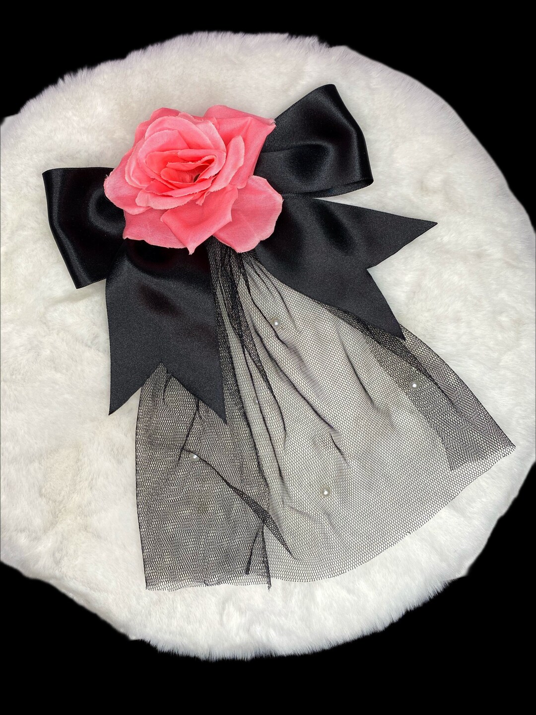 Liz Lisa Inspired Gothic Black Veil Hair Clip Black Ribbon Pink Rose