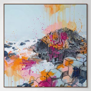 May include: Abstract landscape painting featuring a rocky cliffside with hexagonal shapes, painted in shades of gray, orange, pink, and blue. The artwork includes watercolor-style splashes and drips, with a light blue sky and white water.