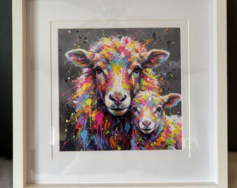 Colourful Sheep & Lamb Abstract Art Print – Framed Double Mounted Giclée Farm Animal Wall Art, Modern Countryside Decor