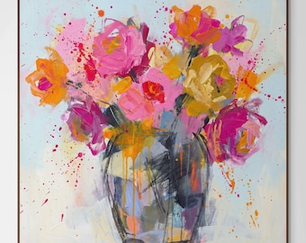 Abstract Flower Vase Wall Art Print – Colourful Modern Bouquet Painting, Instant Download, Bold Floral Home Decor, Digital Art Print
